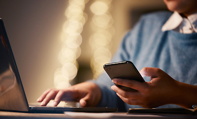 Image showing Hands, business phone and laptop in office for web browsing, research or social media. Night bokeh, cellphone or woman, professional or employee with mobile smartphone for internet scrolling online.