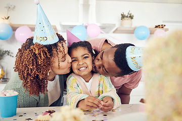 Image showing Birthday, party and kiss with black family in kitchen for celebration, bonding and affectionate. Happiness, excited and care with parents and child at home for surprise, fun and special event