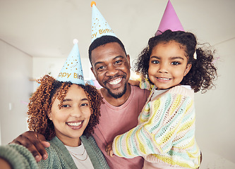 Image showing Black family, selfie smile and birthday portrait in home and having fun at party celebration. Interracial, love and father, mother and child or girl taking pictures for happy memory and social media.