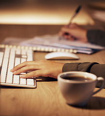 Image showing Computer keyboard, hands or office woman writing online summary, notebook report or customer experience insight. Brand monitoring research, social media data analysis or night person review analytics