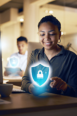 Image showing Phone hologram, cybersecurity or night woman with digital banking safety, password protection or biometric fintech lock. Smartphone cyber security, mobile data encryption or African girl with shield