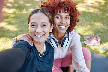 Image showing Selfie, yoga and portrait of friends in park for exercise, meditation and wellness together. Sports, relax and face of women smile ready for stretching, workout and pilates training for healthy body