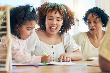 Image showing Learning, drawing and mother, grandmother and kid in home, helping with homework and homeschool. Family education, development and happy girl with grandma and mama teaching her art with book in house