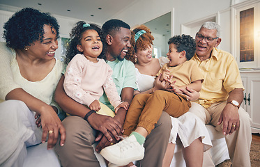 Image showing Black family laughing, portrait and living room sofa of a mother, father and children with grandparent. Happy, smile and bonding of a mom, dad and young kids together having fun with love and support