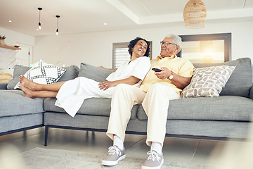 Image showing Happy mature couple watch on tv, news and movies of cable show, media broadcast or relax on living room sofa. Man, woman and people change television remote for subscription, fun or streaming at home