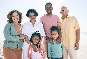 Image showing Family at beach, portrait and generations outdoor, happy people relax with grandparents, parents and kids. Happiness, smile and travel, love and care with relationship and bond on vacation in Bali