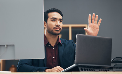 Image showing Laptop, virtual cyber gesture and man work on ux web design, app wireframe or website digital transformation. Information technology, dashboard hud and graphic designer rendering multimedia software