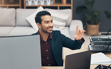 Image showing Virtual screen, gesture and person pointing at UX web design, app wireframe or website digital transformation. Information technology dashboard, graphic designer hud and man rendering AI media system