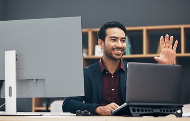 Image showing Virtual screen, laptop gesture and person work on UX web design, app wireframe or website digital transformation. Information technology dashboard, graphic design hud and man rendering media system