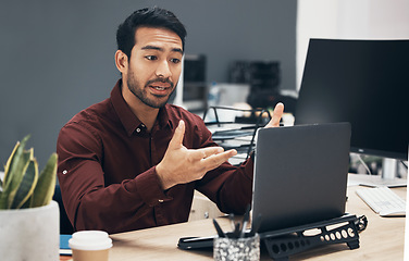 Image showing Conversation, video call and laptop with man in office for conference, online meeting and webinar. Planning, webcam and internet with employee for virtual communication, conversation and technology