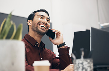 Image showing Phone call communication, office and laughing man listening to funny joke from digital contact. Comedy humor, ecommerce and forex account manager or talking agent networking on bitcoin trading chat