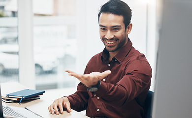 Image showing Invisible hologram, hand and business man in office with gesture for user interface, virtual tech and online ai. Network, 3d technology mockup and happy male at desk for internet, research and ux