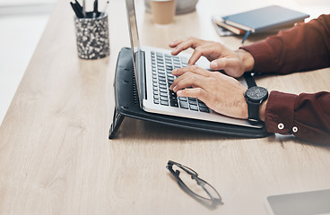 Image showing Business man, hands and laptop keyboard, information technology and tech support and working in office. Typing, glitch or 404 with software update, corporate male at desk with digital problem solving