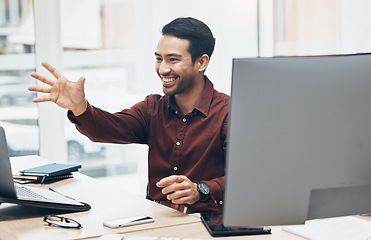 Image showing Invisible screen, hand and business man in office for hologram, virtual tech and ai interface. Network, 3d technology and happy male at desk on computer for internet, online research and digital ux