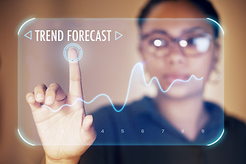 Image showing Business woman, touch or hologram chart in night office on stock market management, finance planning or future growth forecast. Zoom, worker or hands on abstract screen for interactive trending graph