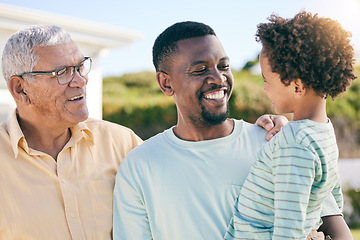 Image showing Love, grandfather and dad with son, happiness and cheerful with quality time, joyful and smile. Family, old man and male parent with boy, loving or bonding together, outdoor or fun with care or laugh