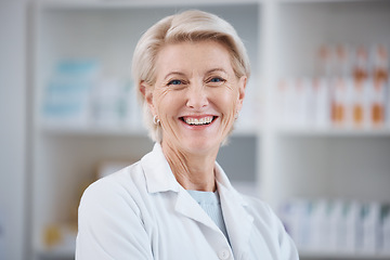 Image showing Pharmacy, pharmacist portrait and smile of woman in drugstore or medicine shop. Healthcare, wellness face and happy, proud and confident senior medical professional from Canada laughing for career.