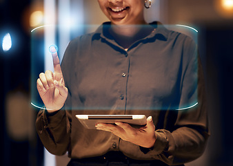 Image showing Futuristic, business hud and woman with tablet in future technology and digital overlay data in virtual reality. Hands on biometric cyber system hologram, innovation and ux design user in vr office.