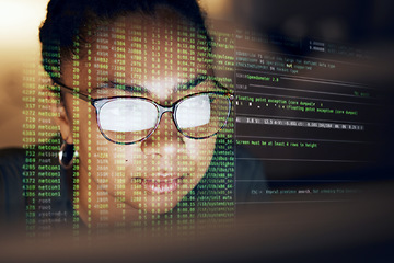 Image showing Computer hologram, script and woman programming software server or coding future cybersecurity. Night programmer face, virtual cloud computing script or African coder reading machine learning ai code