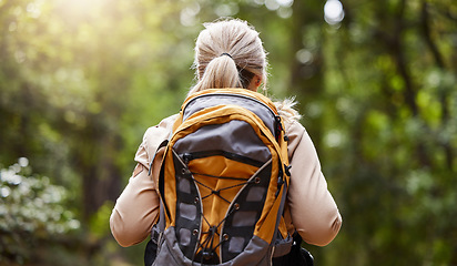 Image showing Backpack, woman in forest and hiking for adventure, fitness and workout for fresh air, balance and wellness. Female, lady or hiker with equipment, walking or exercise with healthy lifestyle in nature