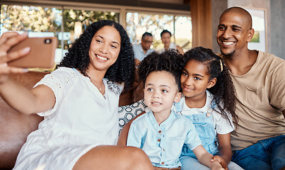 Image showing Family, relax and selfie smile in home, having fun and bonding together. Interracial, photography and father, mother and girls taking pictures or photo for social media and happy memory in house.