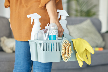 Image showing Woman, hand or cleaning bucket of housekeeping product, hotel maintenance or home healthcare wellness. Zoom, cleaner or maid worker with container, spray bottle or scrub brush for hospitality service