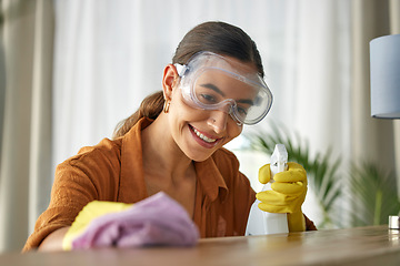 Image showing Woman, cleaner and spray table with cloth, happy and cleaning service in home living room for job. Hands, bottle and working with product for dust, bacteria and wood furniture with happiness in house