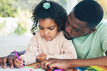 Image showing Learning, father or girl drawing for education in kindergarten with homework or school art project at home. Family, color or African dad loves helping a creative toddler or student with development