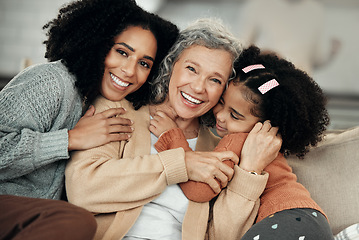 Image showing Happy, hug and portrait of family on mothers day, visit and affection while bonding. Smile, love and mother, child and grandmother hugging, being affectionate and cheerful for quality time together