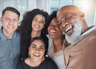 Image showing Office selfie, portrait or team building for about us profile picture in workplace with happy smile together. Teamwork, business, diversity or faces of group of people after fun collaboration meeting