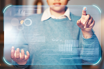 Image showing Woman, hands or hologram screen in night office on financial management, stock market trading or business growth data. Zoom, worker or finger on abstract touch for chart, graph or interactive finance