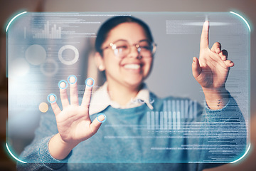 Image showing Woman smile, hands or hologram screen in night office on financial management, stock market trading or business growth data. Zoom, worker or finger on abstract touch for chart or interactive finance