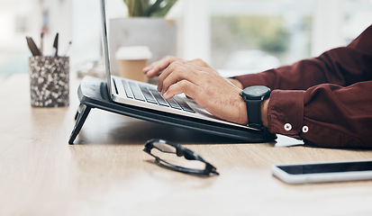 Image showing Business man, hands and typing on laptop, information technology and tech support and working in office. Keyboard, glitch or 404 with software update, male at desk with digital problem solving