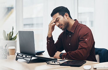 Image showing Laptop error, headache or man stress over financial crypto crisis, forex stock market crash or NFT investment mistake. Burnout, 404 fintech problem or tired man worry over bitcoin database glitch