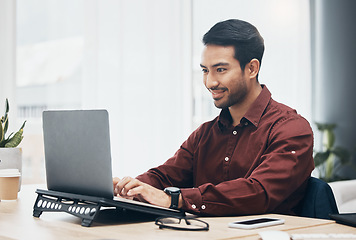 Image showing Asian business man, laptop and smile with typing, schedule or planning for data analysis on web app. Young businessman, satisfied or happiness on mobile computer for agenda, strategy or digital notes