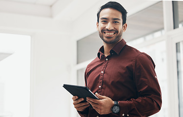 Image showing Happy asian business man, tablet and portrait for schedule, planning or data analysis on web app. Young businessman, leader or happiness on mobile touchscreen for agenda, strategy and digital notes