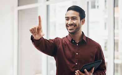 Image showing Virtual screen, tablet and happy man point at architecture engineering design, cyber UI schematic or blueprint digital transformation. Creative floor plan, IOT dashboard hud and architect remodeling