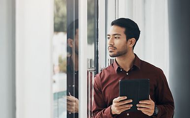 Image showing Tablet, window and Indian businessman thinking, concentration and planning digital project idea. Startup, development and assessment online for new property design, architect brainstorming in office.