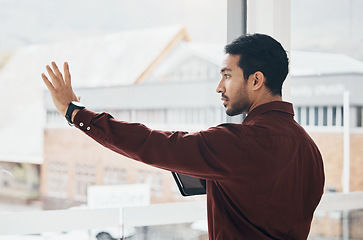 Image showing Invisible screen, window and business man in office with hand gesture for hologram, virtual tech and ai. Network, technology mockup and serious male with tablet for internet, research and online ux