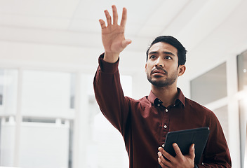 Image showing Virtual, tablet and person gesture at architect engineering design, cyber UI schematic or blueprint digital transformation. Floor plan screen, IOT dashboard hud and architect man remodeling office