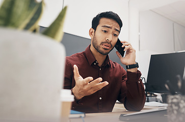 Image showing Phone call communication, problem or man talking to tech contact about company crisis, economy fail or bankruptcy. Mental health, stress or person consulting, networking or in conversation for advice