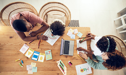 Image showing Elearning, eduction and homework with black family at table from top view for creative, care and tutor. Distance learning, schoolwork and child development with parents and children for online course