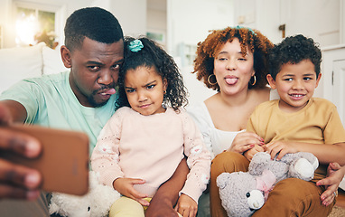 Image showing Love, silly and selfie of happy black family bonding, relax or enjoy quality time together on Jamaica holiday. Youth children, parents and memory photo of crazy kids, mother and father on vacation