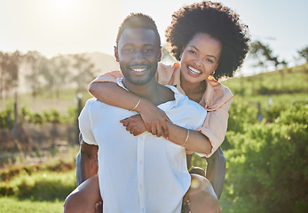 Image showing Love, piggyback and couple in nature for a date, marriage hug and smile for holiday romance in Puerto Rico. Happy, affection and portrait of a black man and woman at a countryside farm for vacation