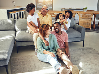 Image showing Happy family, love and relax in living room with generations, support and trust, grandparents with parents and children. Together, unity and people at home with bonding, smile and happiness with care