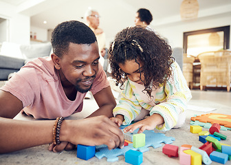 Image showing Family, building blocks and dad with girl on floor in living room for playing, bonding and quality time. Love, educational toys and happy father with child with toys, relaxing and creative activity