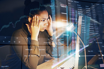 Image showing Future data, computer and woman stress over financial fail, investment overlay or night trading. Mental health problem, economy fail and African trader risk on stock market crash, crisis or dashboard