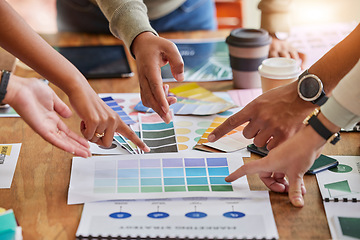 Image showing Color design, creative and hands of business people point on desk for branding meeting, strategy and marketing. Teamwork, collaboration and designers brainstorming logo ideas, thinking and planning