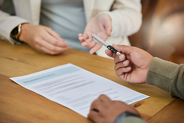 Image showing Business, hands and contract with pen for signature, recruitment or hiring form on office desk. Hand of people in partnership meeting, b2b or application for legal approval or confirmation on table