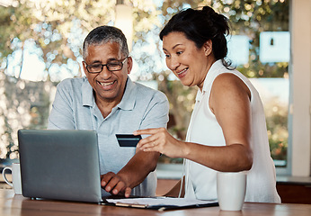 Image showing Laptop, credit card and senior couple online shopping, banking or digital payment in home. Fintech, ecommerce and smile, laughing and happy retired man and woman with computer for internet purchase.